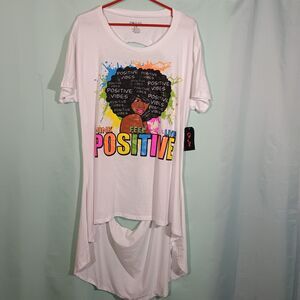 White Positive Vibes Graphic Tunic Top High Low Hem Short Sleeve NWT